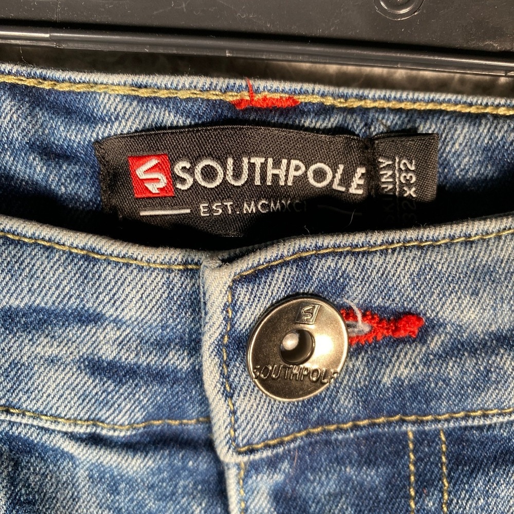 Southpole Mens Skinny Jeans Blue Acid Wash Red Accents Size 30x29 - Picture 5 of 11